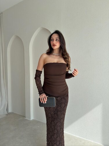 MOİRA Dantelli Maxi Elbise 9985 - Acı Kahve - 2