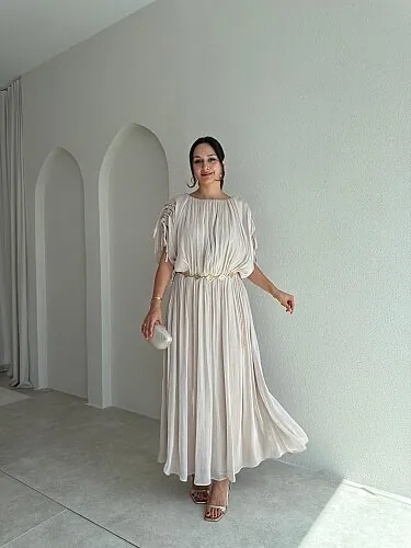 NALANİ Midi Elbise 4190 - Krem Rengi - Mooi Butik