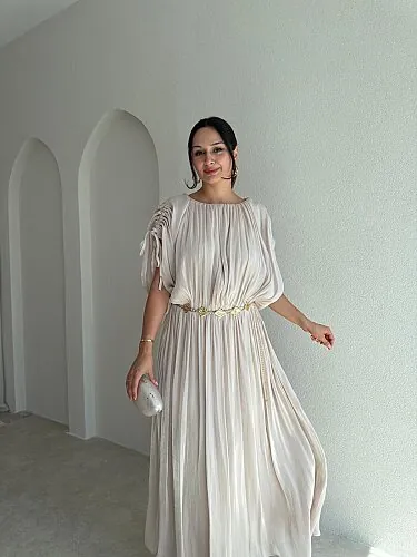 NALANİ Midi Elbise 4190 - Krem Rengi - 2