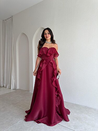 NEXUS Maxi Elbise 8912 - Bordo - Mooi Butik
