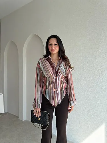 NİCE Çizgili Gömlek 3501 - Kahverengi - Mooi Butik