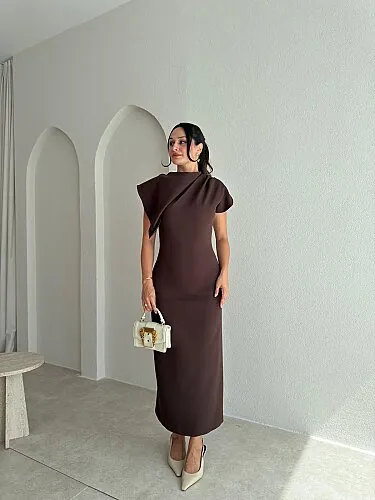 NİKOLA Midi Elbise 5419 - Acı Kahve - Mooi Butik