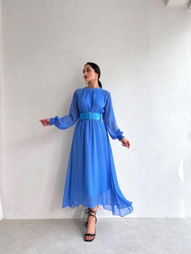 Nokta Desenli Midi TATUM Elbise 3484 - Mavi