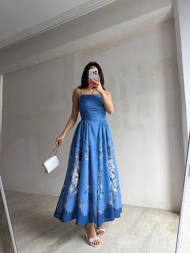 OLEA Desenli Maxi Elbise 4067 - Mavi - Mooi Butik