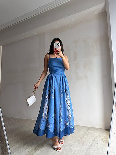 OLEA Desenli Maxi Elbise 4067 - Mavi - 3