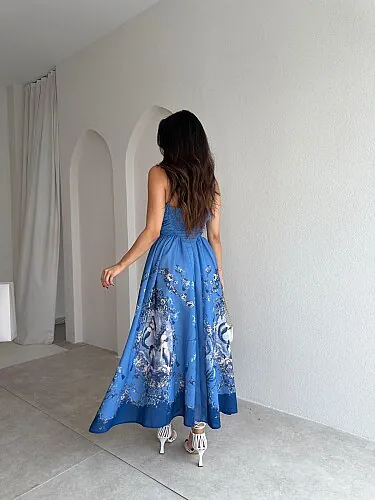 OLEA Desenli Maxi Elbise 4067 - Mavi - 4