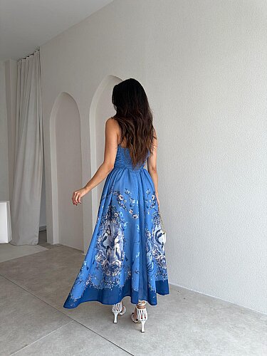 OLEA Desenli Maxi Elbise 4067 - Mavi - 4