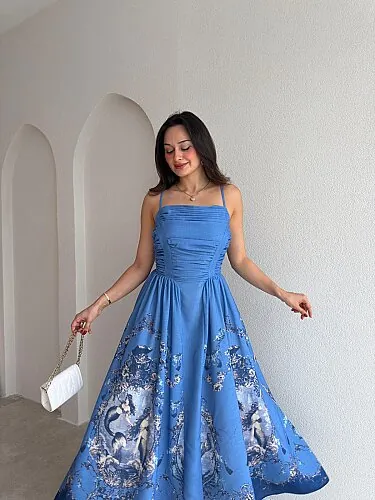 OLEA Desenli Maxi Elbise 4067 - Mavi - 2
