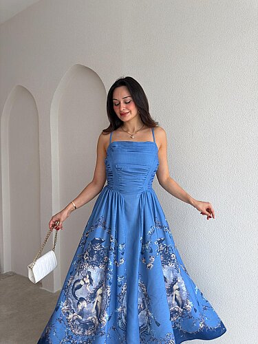 OLEA Desenli Maxi Elbise 4067 - Mavi - 2