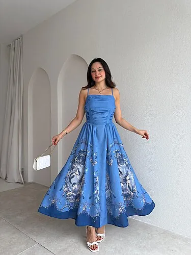 OLEA Desenli Maxi Elbise 4067 - Mavi - 1