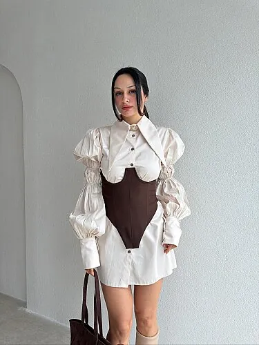 OLETTA Gömlek Elbise 4351 - Bej - Mooi Butik