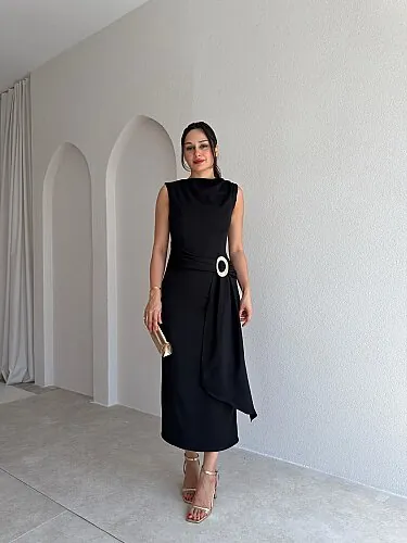 ORİON Broş Detaylı Midi Elbise 4050 - Siyah - Mooi Butik