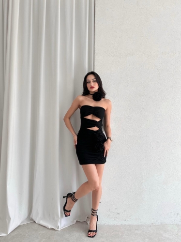 Ortanca Çiçeği Detaylı Mini ALİSON Elbise 5352 - Siyah - 2