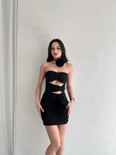 Ortanca Çiçeği Detaylı Mini ALİSON Elbise 5352 - Siyah - 1