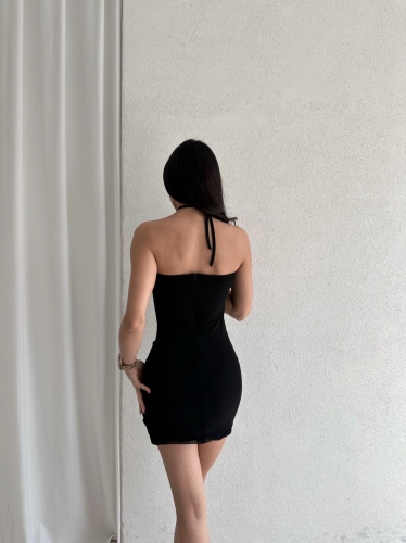 Ortanca Çiçeği Detaylı Mini ALİSON Elbise 5352 - Siyah - 5