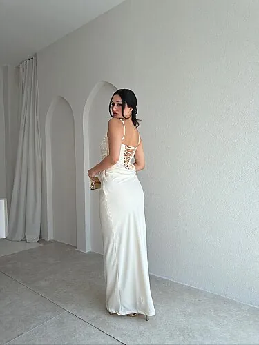 PAMELİA İşleme Detaylı Maxi Elbise 4075 - Ekru - 4