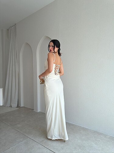 PAMELİA İşleme Detaylı Maxi Elbise 4075 - Ekru - 4