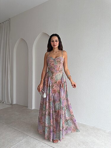 PAPİLLA Desenli Maxi Elbise 1503 - Lila - Mooi Butik