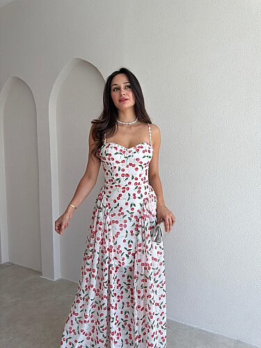 PAPİLLA Desenli Maxi Elbise 1503 - Beyaz - 3