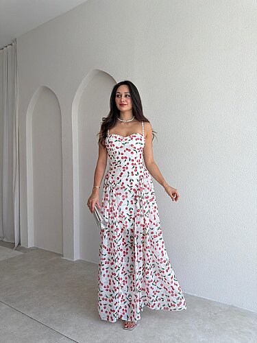 PAPİLLA Desenli Maxi Elbise 1503 - Beyaz - 1