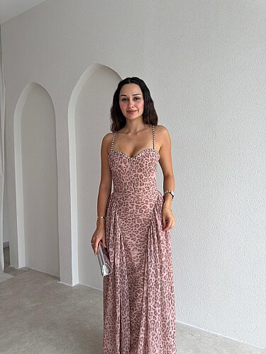 PAPİLLA Desenli Maxi Elbise 1503 - Kahverengi - 2