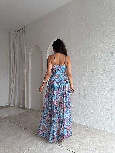 PAPİLLA Desenli Maxi Elbise 1503 - Mavi - 3