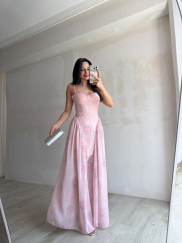 PAPİLLA Desenli Maxi Elbise 1503 - Pudra - 2