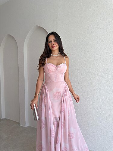 PAPİLLA Desenli Maxi Elbise 1503 - Pudra - 3