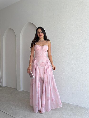 PAPİLLA Desenli Maxi Elbise 1503 - Pudra - 1
