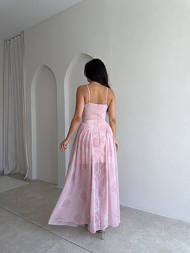 PAPİLLA Desenli Maxi Elbise 1503 - Pudra - 4