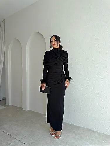PARLY Otriş Detaylı Maxi Elbise 4186 - Siyah - Mooi Butik