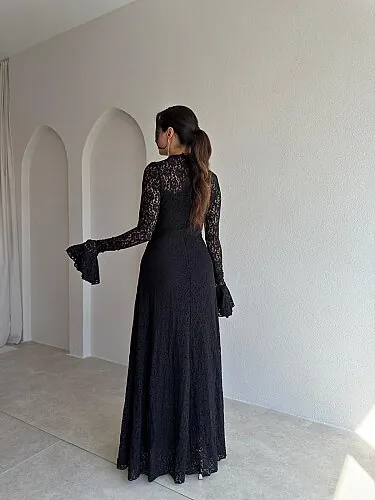 PELEGRA Dantelli Maxi Elbise 4117 - Siyah - 3