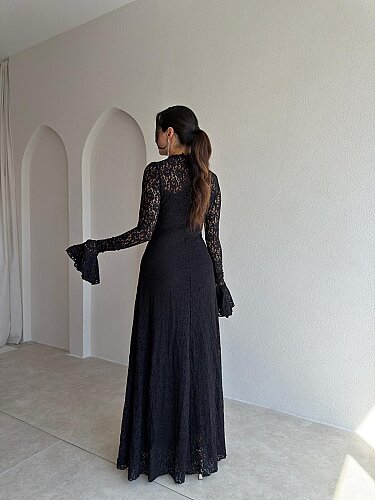 PELEGRA Dantelli Maxi Elbise 4117 - Siyah - 3