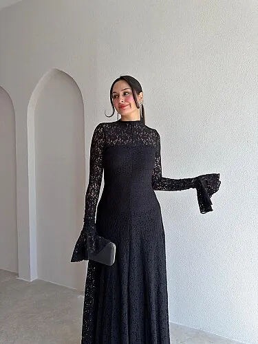 PELEGRA Dantelli Maxi Elbise 4117 - Siyah - 2