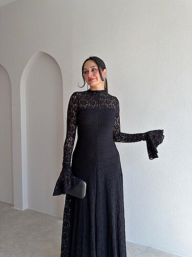 PELEGRA Dantelli Maxi Elbise 4117 - Siyah - 2