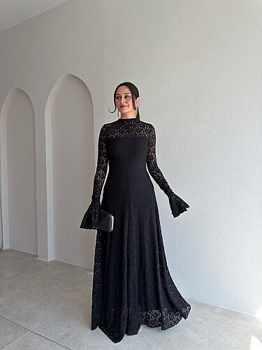 PELEGRA Dantelli Maxi Elbise 4117 - Siyah - 1