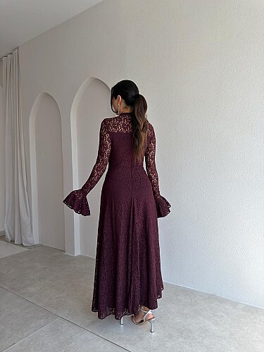 PELEGRA Dantelli Midi Elbise 4117 - Bordo - 3