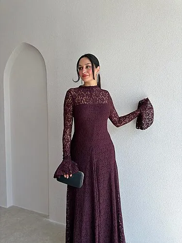 PELEGRA Dantelli Midi Elbise 4117 - Bordo - 2