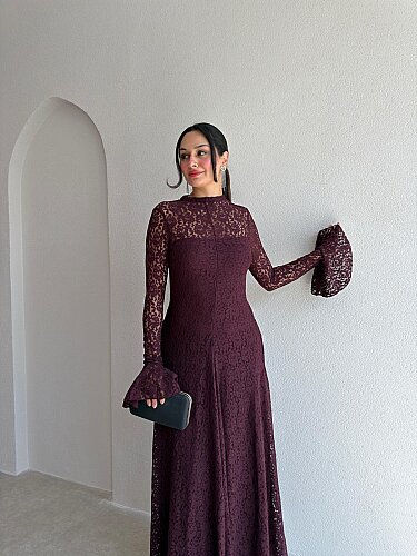 PELEGRA Dantelli Midi Elbise 4117 - Bordo - 2