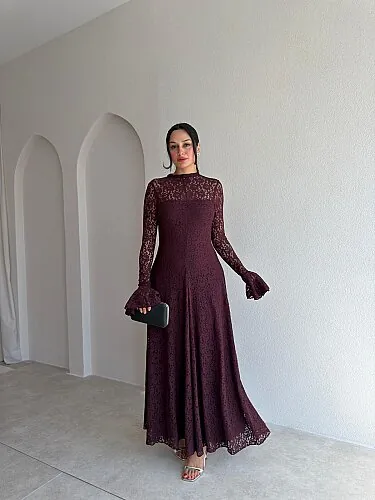 PELEGRA Dantelli Midi Elbise 4117 - Bordo - Mooi Butik