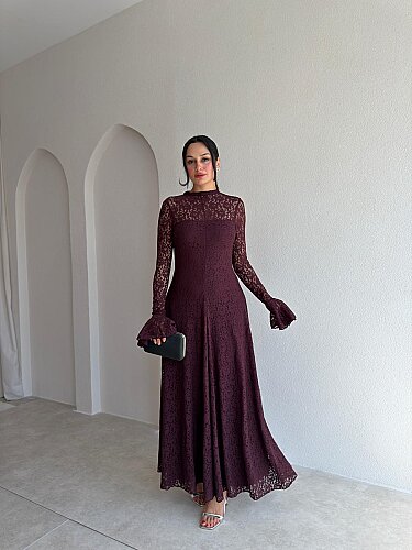 PELEGRA Dantelli Midi Elbise 4117 - Bordo - 1