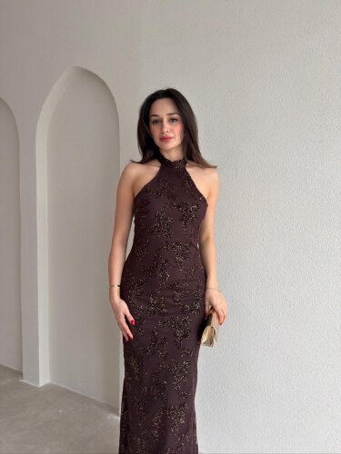 PERLA Simli Maxi Elbise 5450 - Acı Kahve - 2