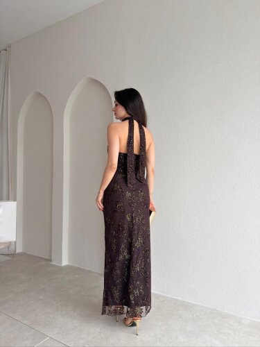 PERLA Simli Maxi Elbise 5450 - Acı Kahve - 3