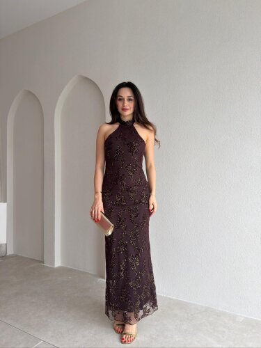 PERLA Simli Maxi Elbise 5450 - Acı Kahve 