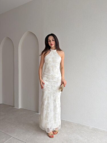 PERLA Simli Maxi Elbise 5450 - Beyaz - 2