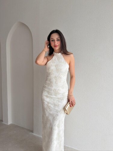 PERLA Simli Maxi Elbise 5450 - Beyaz 
