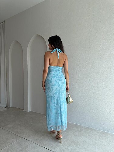 PERLA Simli Maxi Elbise 5450 - Mavi - 3