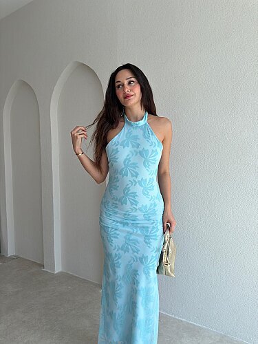 PERLA Simli Maxi Elbise 5450 - Mavi - 2