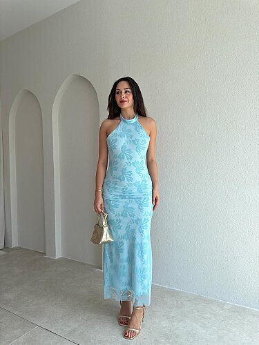 PERLA Simli Maxi Elbise 5450 - Mavi - 1