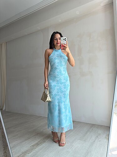 PERLA Simli Maxi Elbise 5450 - Mavi - 4